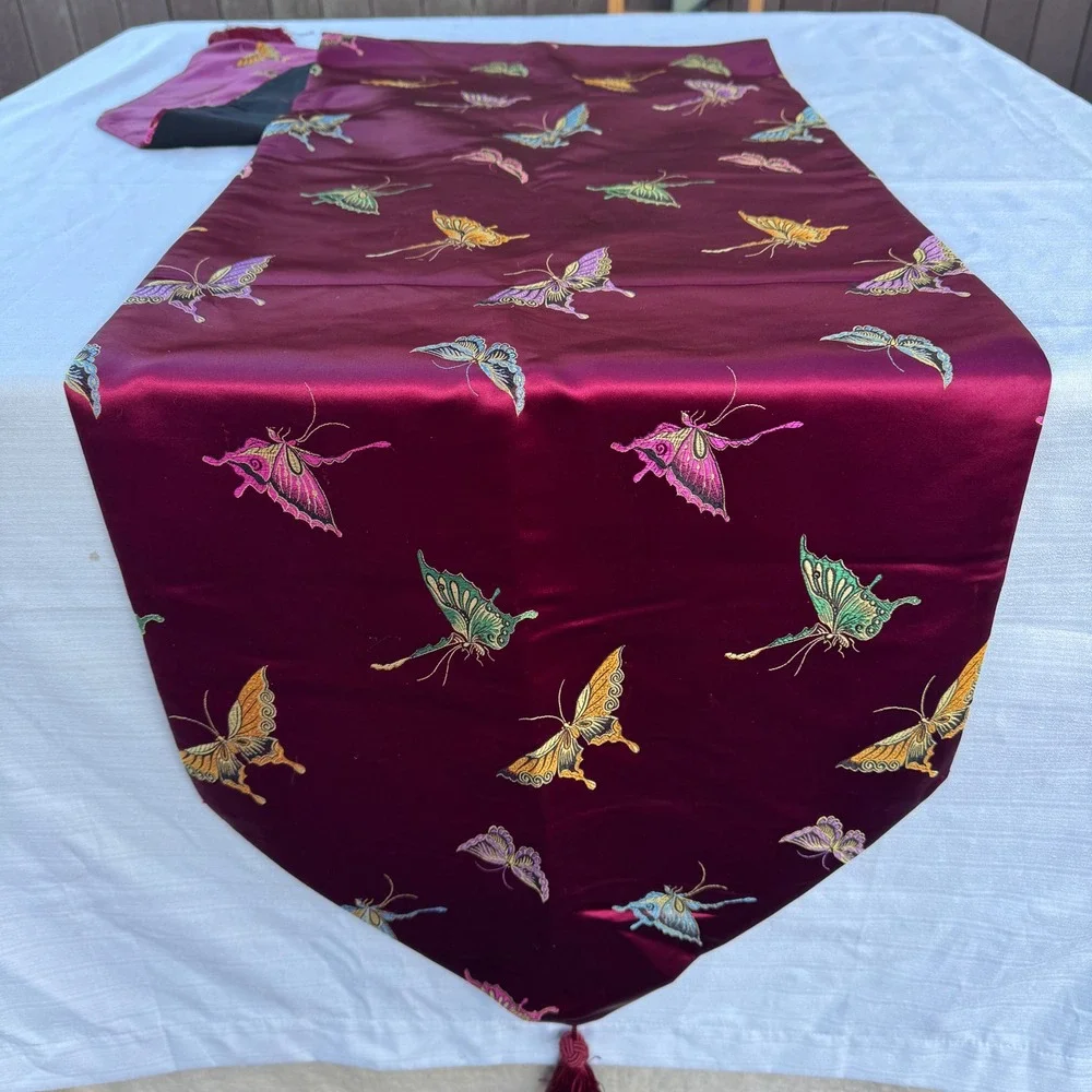 Vintage Butterfly Table Runner Burgundy Red Embroidered Tassel Chinoiserie 78